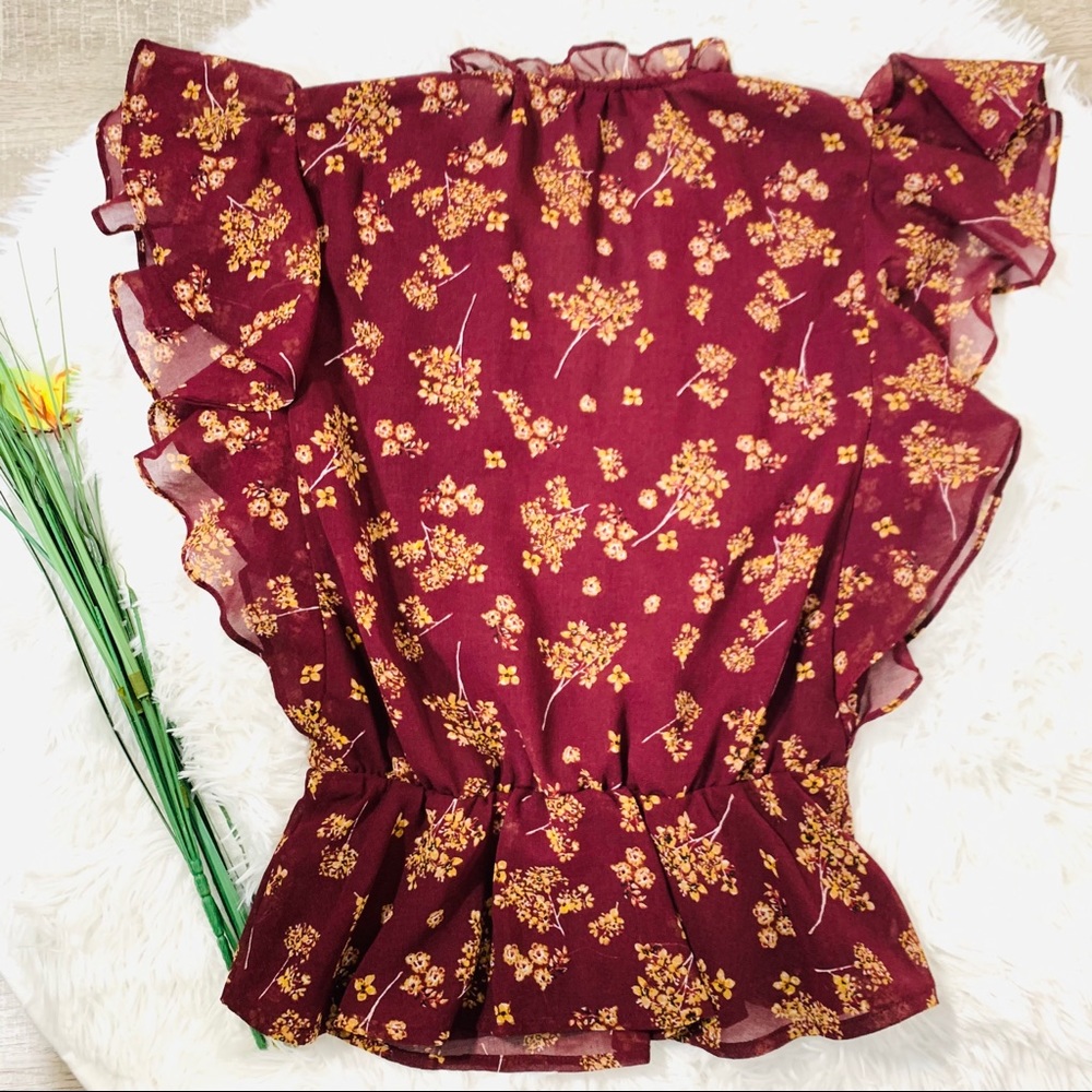 1. State Floral Burgundy Short Sleeve Blouse - Picture 5 of 9